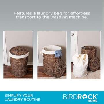 BIRDROCK HOME Seagrass Laundry Hamper with Lid & Liner - Handwoven Round Basket with Handles for Laundry/Dirty Clothes - Organizer, Storage, Shelves, Bin in Bathroom, Bedroom & Laundry Room - Espresso