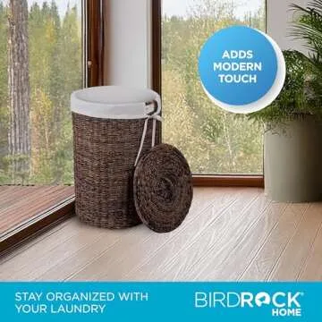 BIRDROCK HOME Seagrass Laundry Hamper with Lid & Liner - Handwoven Round Basket with Handles for Laundry/Dirty Clothes - Organizer, Storage, Shelves, Bin in Bathroom, Bedroom & Laundry Room - Espresso