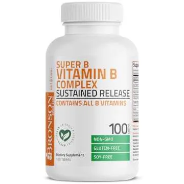 Bronson Super B Vitamin B Complex Sustained Slow Release (Vitamin B1, B2, B3, B6, B9 - Folic Acid, B12) Contains All B Vitamins 100 Tablets