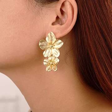 Wiwpar Large Double Flower Earrings for Women Boho Statement Flower Earrings Bohemian Elegant Chic F...