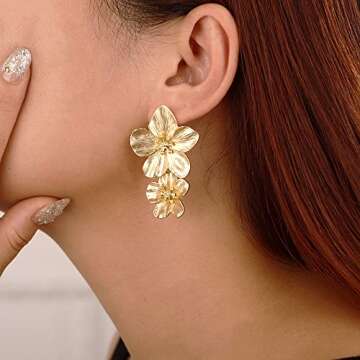 Wiwpar Large Double Flower Earrings for Women Boho Statement Flower Earrings Bohemian Elegant Chic Flower Dangle Earrings Unique Flower Earrings