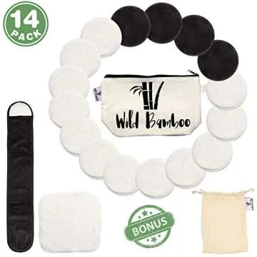 Natural Cotton Bamboo Rounds 14 Packs |Reusable Bamboo Makeup Remover Pads for Face | Bamboo Velour Layers - Travel Bag w/Laundry Bag |Bonus Hairband |Zero Waste Cleansing Sustainable Toner