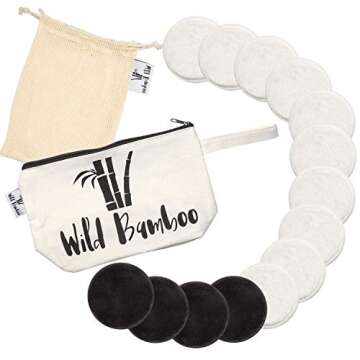Natural Cotton Bamboo Rounds 14 Packs |Reusable Bamboo Makeup Remover Pads for Face | Bamboo Velour Layers - Travel Bag w/Laundry Bag |Bonus Hairband |Zero Waste Cleansing Sustainable Toner