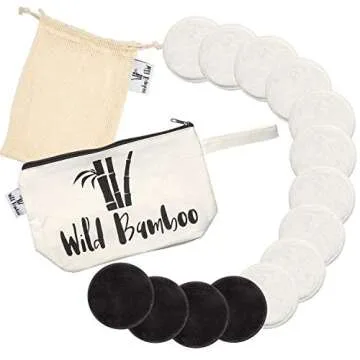Natural Cotton Bamboo Rounds 14 Packs |Reusable Bamboo Makeup Remover Pads for Face | Bamboo Velour Layers - Travel Bag w/Laundry Bag |Bonus Hairband |Zero Waste Cleansing Sustainable Toner