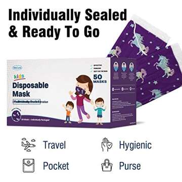 WECARE Individually Wrapped Face Masks for KIDS - 50 Pack - Unicorn