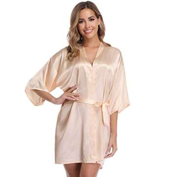 Vlazom Women's Satin Robe Short Kimono for Bride & Bridesmaid Wedding Party Robes with Gold Glitter or Rhinestones