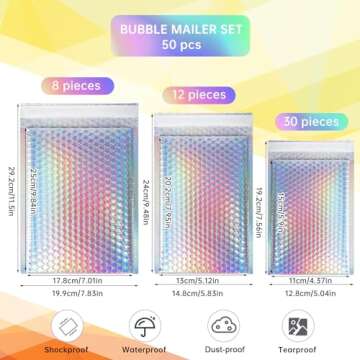 50 Pcs Metallic Bubble Mailers,Poly Padded Envelopes,Waterproof Self Seal Adhesive Shipping Bags,Foil Glitter Glamour Shipping Mailer,Holographic Cushion Envelopes for Mailing,Packing,Small Business