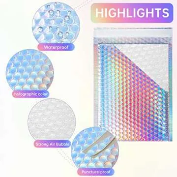 50 Pcs Metallic Bubble Mailers,Poly Padded Envelopes,Waterproof Self Seal Adhesive Shipping Bags,Foil Glitter Glamour Shipping Mailer,Holographic Cushion Envelopes for Mailing,Packing,Small Business