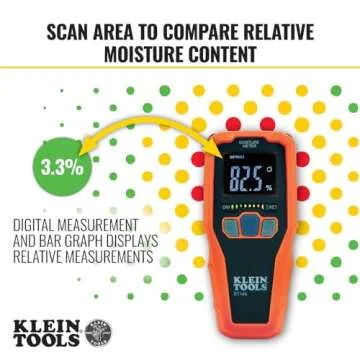 Klein Tools ET140 Pinless Moisture Meter for Non-Destructive Moisture Detection in Drywall, Wood, and Masonry; Detects up to 3/4-Inch Below Surface