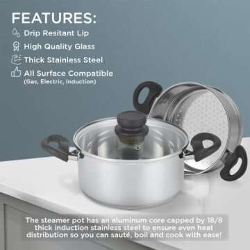 Nevlers 3 Piece Premium Heavy Duty Stainless Steel Steamer Pot Set Includes 3 Quart Cooking Pot, 2 Q...