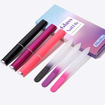 3 Pack Crystal Glass Fingernail File with Case for Natural Nail Professional Czech Glass File Double-Sided Etched Gentle Nail Care Stocking Stuffers for Women or Adults, Unique Gifts