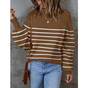 ZESICA Women's Fall Fashion Turtleneck Long Sleeve Striped Ribbed Knit Loose Pullover Sweater Tops,T...