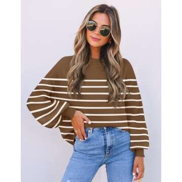 ZESICA Women's Fall Fashion Turtleneck Long Sleeve Striped Ribbed Knit Loose Pullover Sweater Tops,Tan,Medium