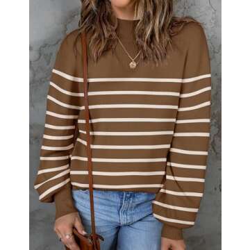 ZESICA Women's Fall Fashion Turtleneck Long Sleeve Striped Ribbed Knit Loose Pullover Sweater Tops,Tan,Medium