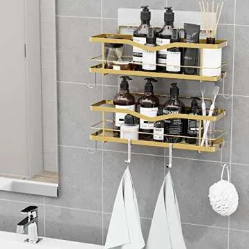 MZF 2-Pack Shower Caddy, No Drilling Adhesive Shower Shelf, Rustproof Stainless Steel Bathroom Shower Organizer Storage, Shower Shelf for Inside Shower & Kitchen Storage, Gold