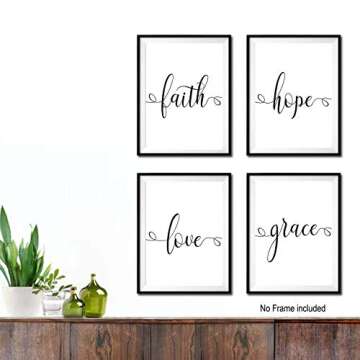 KAIRNE Faith Hope Love Grace Bible Verse Art Print,Set Of 4 (8X10”) Inspirational Typography Art Painting,Christian Quote Canvas Poster For Home Office Decor,Unframed