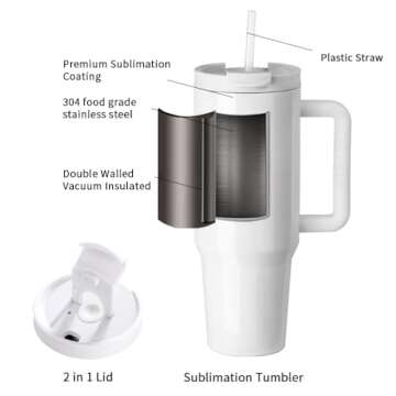 PYD Life 2 Pack 40 OZ Sublimation Tumblers with Handle White Blanks Stainless Steel Cups Mugs with Lid and Plastic Straw for Sublimation Oven Tumbler Heat Press Printing