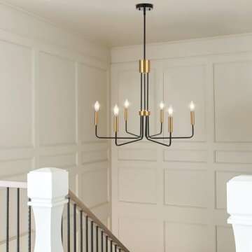 Peblto Modern Black and Gold Chandelier, Farmhouse 6-Light Dining Room Light Fixture, Vintage Hanging Chandeliers for Dining Room, Living Room, Foyer, Hallway