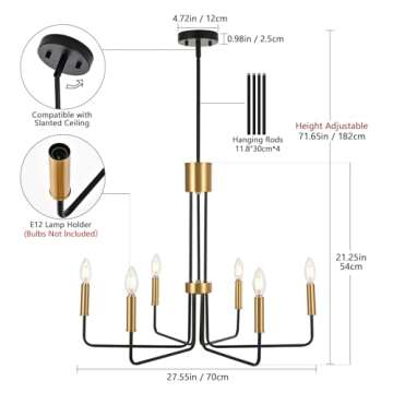 Peblto Modern Black and Gold Chandelier, Farmhouse 6-Light Dining Room Light Fixture, Vintage Hanging Chandeliers for Dining Room, Living Room, Foyer, Hallway