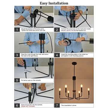 Peblto Modern Black and Gold Chandelier, Farmhouse 6-Light Dining Room Light Fixture, Vintage Hanging Chandeliers for Dining Room, Living Room, Foyer, Hallway