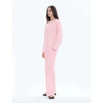 C202 Womens Loungewear Set 2 Piece Pajamas Matching Sets Long Sleeve Crewneck T Shirts Wide Leg Pants Casual, Pale Pink X-Small