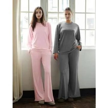 C202 Womens Loungewear Set 2 Piece Pajamas Matching Sets Long Sleeve Crewneck T Shirts Wide Leg Pants Casual, Pale Pink X-Small