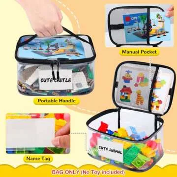 Tesuko 6 Pack Clear Toy Storage Bag with Name Tag& Manual Pocket, Waterproof Transparent PVC Toy Organizer Case for Lego Bricks, Board Games, Building Blocks, Puzzles (Large Capacity, Black)