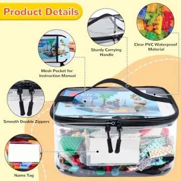 Tesuko 6 Pack Clear Toy Storage Bag with Name Tag& Manual Pocket, Waterproof Transparent PVC Toy Organizer Case for Lego Bricks, Board Games, Building Blocks, Puzzles (Large Capacity, Black)
