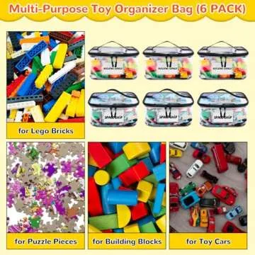 Tesuko 6 Pack Clear Toy Storage Bag with Name Tag& Manual Pocket, Waterproof Transparent PVC Toy Organizer Case for Lego Bricks, Board Games, Building Blocks, Puzzles (Large Capacity, Black)