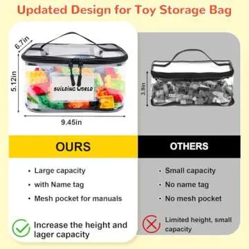 Tesuko 6 Pack Clear Toy Storage Bag with Name Tag& Manual Pocket, Waterproof Transparent PVC Toy Organizer Case for Lego Bricks, Board Games, Building Blocks, Puzzles (Large Capacity, Black)