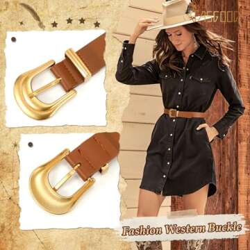 JASGOOD Women's Western Belt Vintage Brown Leather Waist Belt for Pants Jeans with Gold Buckle