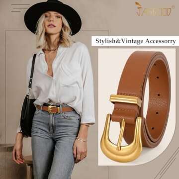 JASGOOD Women's Western Belt Vintage Brown Leather Waist Belt for Pants Jeans with Gold Buckle