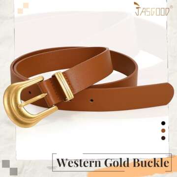 JASGOOD Women's Western Belt Vintage Brown Leather Waist Belt for Pants Jeans with Gold Buckle