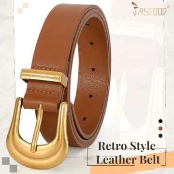 JASGOOD Women's Western Belt Vintage Brown Leather Waist Belt for Pants Jeans with Gold Buckle