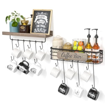 Coffee Mug Holder Organizer 2 Pack with 12 Mug Hooks Mug Rack Wall Mounted with Coffee Bar Sign Farm...