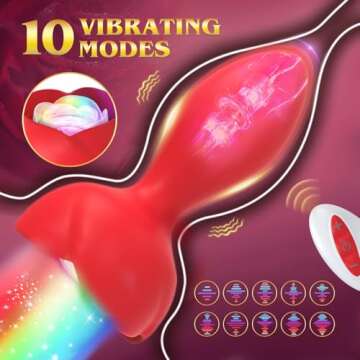 Rose Vibrators Colorful Lighting Anal Sex Toys, Remote Control Silicone Anal Butt Plug with 10 Vibra...