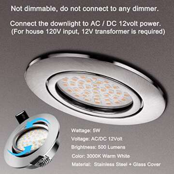 LeMeng 12V AC/DC Recessed Ceiling Light 5W LED Panel Downlights 3000K Warm White 12volt Low Voltage ...