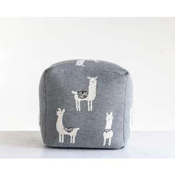 Creative Co-op DF1714 Cotton Knit Pouf with White Llama Images Seating, Grey