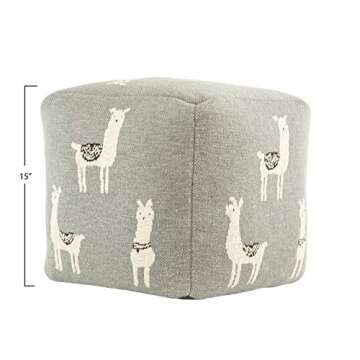 Creative Co-op DF1714 Cotton Knit Pouf with White Llama Images Seating, Grey