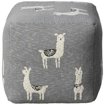 Creative Co-op DF1714 Cotton Knit Pouf with White Llama Images Seating, Grey