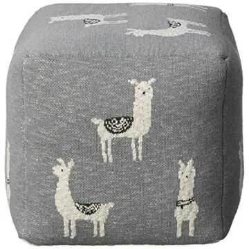 Creative Co-op DF1714 Cotton Knit Pouf with White Llama Images Seating, Grey