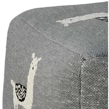 Creative Co-op DF1714 Cotton Knit Pouf with White Llama Images Seating, Grey