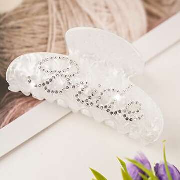 Saliyaa Bride Hair Clip - White Acrylic Hair Clip with Double-Side Bride Logo (4 inches) - Wedding Gift for Bride, Bridal Shower, Bachelorette Party Decorations Accessory - Rhinestone, Classy, Female