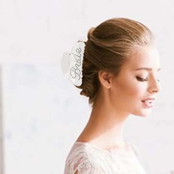 Saliyaa Bride Hair Clip - White Acrylic Hair Clip with Double-Side Bride Logo (4 inches) - Wedding Gift for Bride, Bridal Shower, Bachelorette Party Decorations Accessory - Rhinestone, Classy, Female