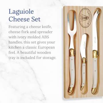 Jean Dubost Laguiole 3-Piece Cheese Set, Ivory Handles - Rust-Resistant Stainless Steel - Includes W...