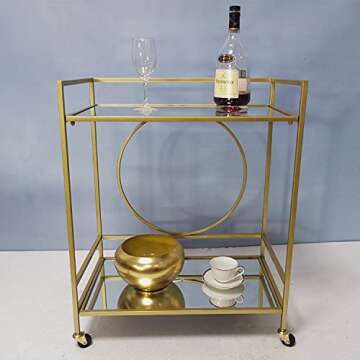 RAODIK Large Golden bar cart with 2 Mirror Shelves Durable Wine cart with Lockable casters Suitable for Kitchen Club, Living Room