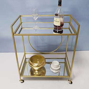 RAODIK Large Golden bar cart with 2 Mirror Shelves Durable Wine cart with Lockable casters Suitable for Kitchen Club, Living Room