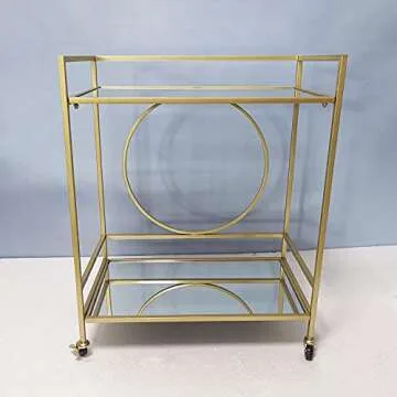 RAODIK Large Golden bar cart with 2 Mirror Shelves Durable Wine cart with Lockable casters Suitable for Kitchen Club, Living Room
