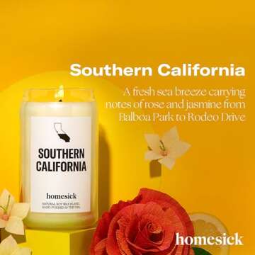 Homesick Scented Candles for Home (Southern California) - 13.75 oz Long-Lasting Soy Wax Jar Candle for Women & Men for All Occasions, 60-80 Hours Burn Time - Notes of Orange, Lemon & Rose