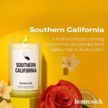 Homesick Scented Candles for Home (Southern California) - 13.75 oz Long-Lasting Soy Wax Jar Candle for Women & Men for All Occasions, 60-80 Hours Burn Time - Notes of Orange, Lemon & Rose